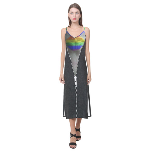 ZIPPER RAINBOW KISS LIPS V-Neck Open Fork Long Dress(Model D18)