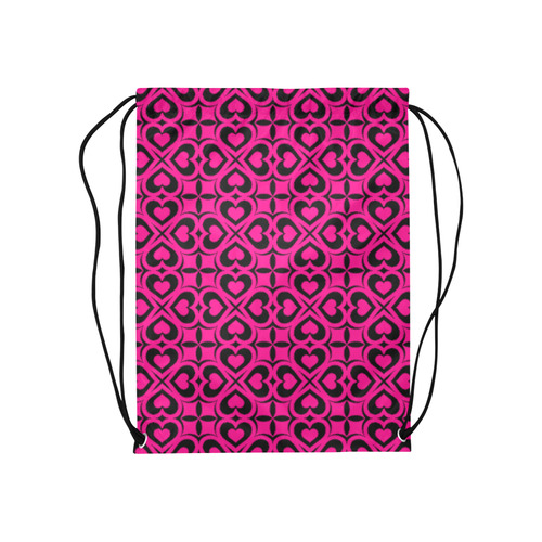 Pink Black Heart Lattice Medium Drawstring Bag Model 1604 (Twin Sides) 13.8"(W) * 18.1"(H)