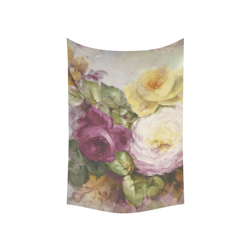 Victorian Roses Floral Pink Red Yellow Cotton Linen Wall Tapestry 60"x 40"