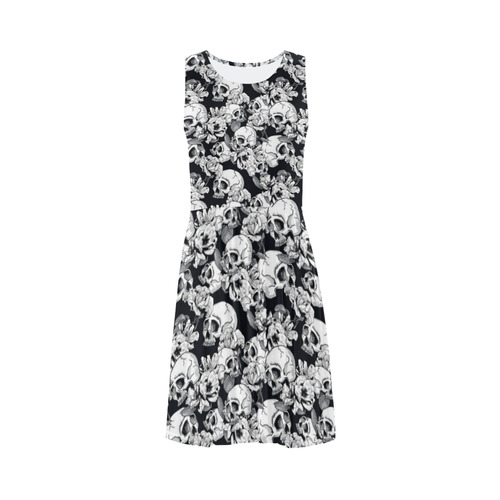 skull pattern, black and white Sleeveless Ice Skater Dress (D19)