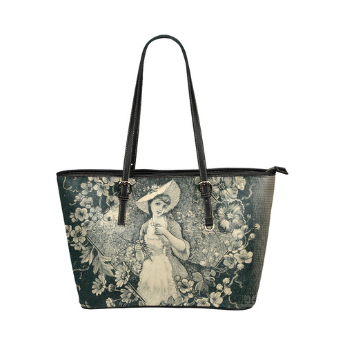 Vintage Floral Garden Beautiful Girl Leather Tote Bag/Small (Model 1651)