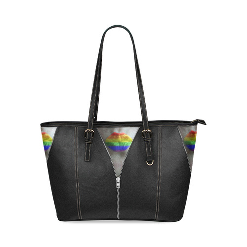 ZIPPER RAINBOW KISS LIPS Leather Tote Bag/Large (Model 1640)