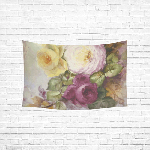 Victorian Roses Floral Pink Red Yellow Cotton Linen Wall Tapestry 60"x 40"