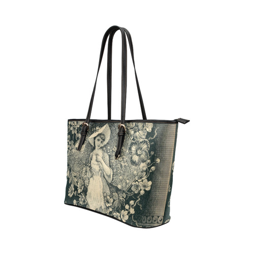 Vintage Floral Garden Beautiful Girl Leather Tote Bag/Small (Model 1651)