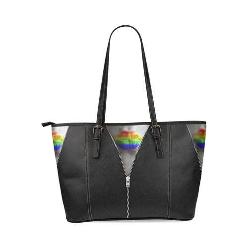 ZIPPER RAINBOW KISS LIPS Leather Tote Bag/Large (Model 1640)