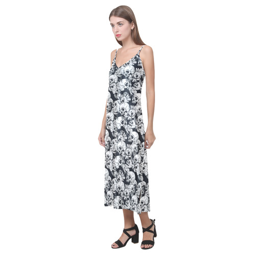 skull pattern, black and white V-Neck Open Fork Long Dress(Model D18)