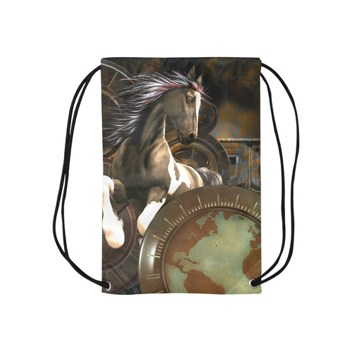 Steampunk, awesome horse with clocks and gears Small Drawstring Bag Model 1604 (Twin Sides) 11"(W) * 17.7"(H)