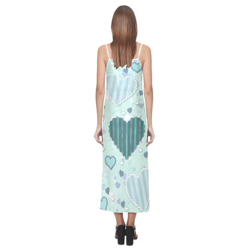 Mint Green Patchwork Hearts V-Neck Open Fork Long Dress(Model D18)