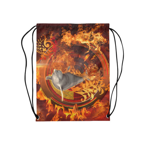Funny dolphin jumping by a fire circle Medium Drawstring Bag Model 1604 (Twin Sides) 13.8"(W) * 18.1"(H)