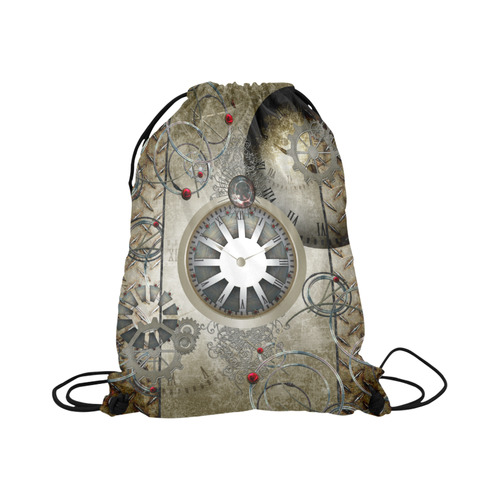 Steampunk, noble design, clocks and gears Large Drawstring Bag Model 1604 (Twin Sides)  16.5"(W) * 19.3"(H)