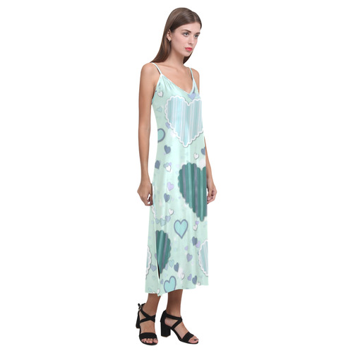 Mint Green Patchwork Hearts V-Neck Open Fork Long Dress(Model D18)