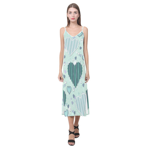 Mint Green Patchwork Hearts V-Neck Open Fork Long Dress(Model D18)