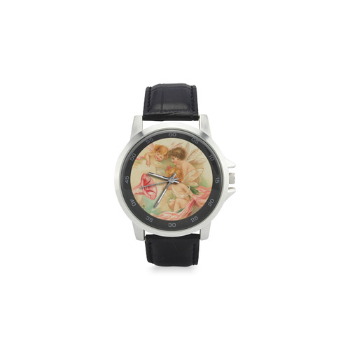 Vintage valentine cupid angel hear love songs Unisex Stainless Steel Leather Strap Watch(Model 202)