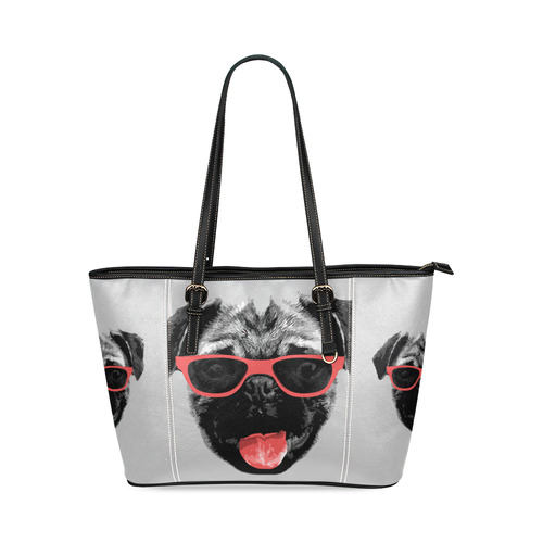 Cute PUG / carlin with red tongue & sunglasses Leather Tote Bag/Large (Model 1640)