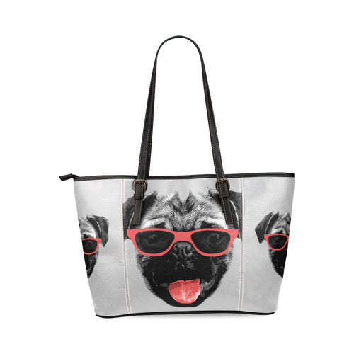 Cute PUG / carlin with red tongue & sunglasses Leather Tote Bag/Large (Model 1640)