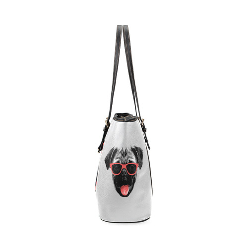 Cute PUG / carlin with red tongue & sunglasses Leather Tote Bag/Large (Model 1640)
