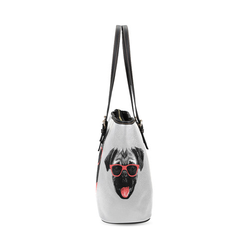 Cute PUG / carlin with red tongue & sunglasses Leather Tote Bag/Large (Model 1640)