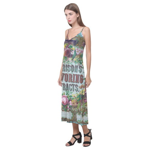 Harrison Flavoring Extracts Vintage Floral Fruit V-Neck Open Fork Long Dress(Model D18)