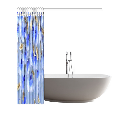Blue Gold Leaf Pattern Floral Shower Curtain 66"x72"