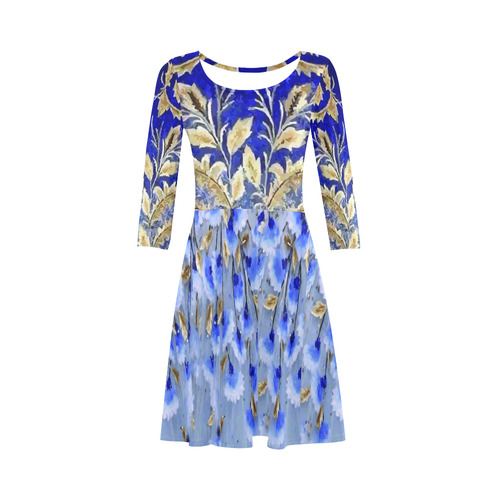 Blue Gold Leaf Pattern Floral Art 3/4 Sleeve Sundress (D23)