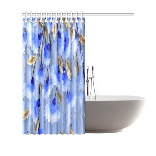 Blue Gold Leaf Pattern Floral Shower Curtain 69"x70"