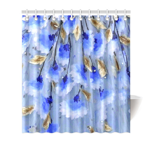 Blue Gold Leaf Pattern Floral Shower Curtain 66"x72"