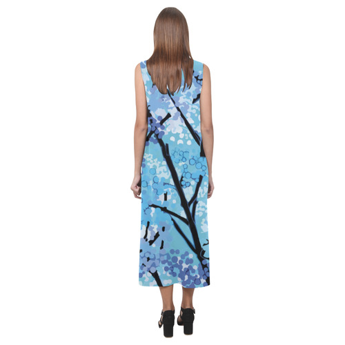 Abstract Geometric Blue Tree Nature Phaedra Sleeveless Open Fork Long Dress (Model D08)