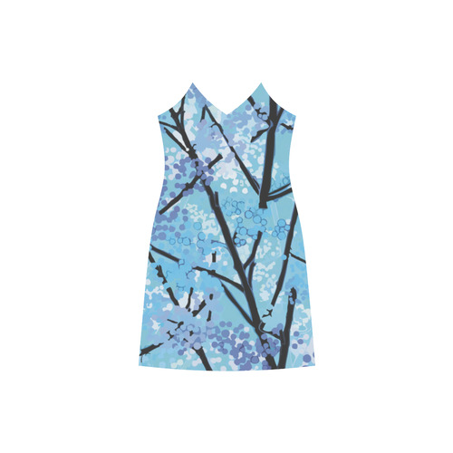 Abstract Geometric Blue Tree Nature V-Neck Open Fork Long Dress(Model D18)