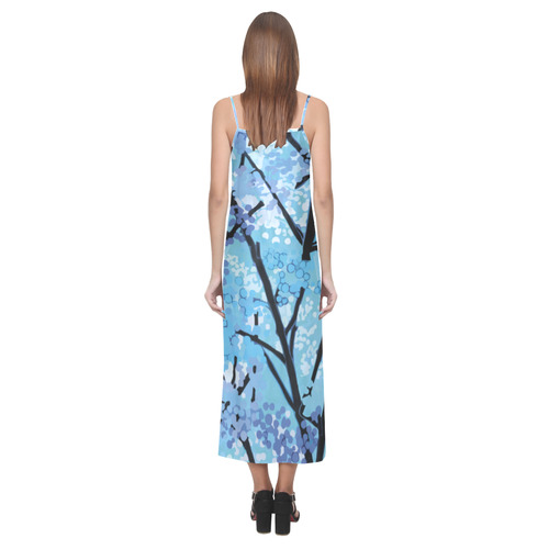 Abstract Geometric Blue Tree Nature V-Neck Open Fork Long Dress(Model D18)