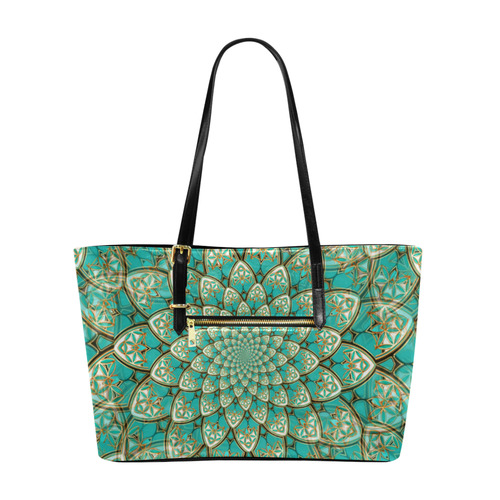 LOTUS FLOWER PATTERN gold turquoise white Euramerican Tote Bag/Large (Model 1656)