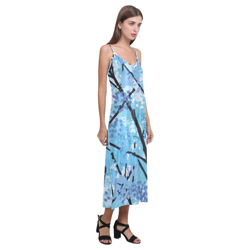 Abstract Geometric Blue Tree Nature V-Neck Open Fork Long Dress(Model D18)