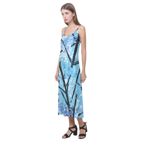 Abstract Geometric Blue Tree Nature V-Neck Open Fork Long Dress(Model D18)