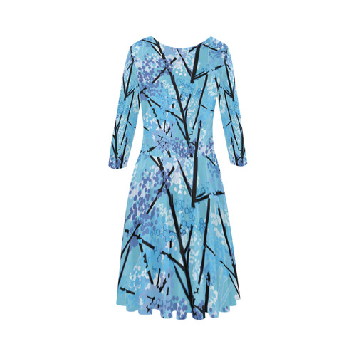 Abstract Geometric Blue Tree Nature Elbow Sleeve Ice Skater Dress (D20)