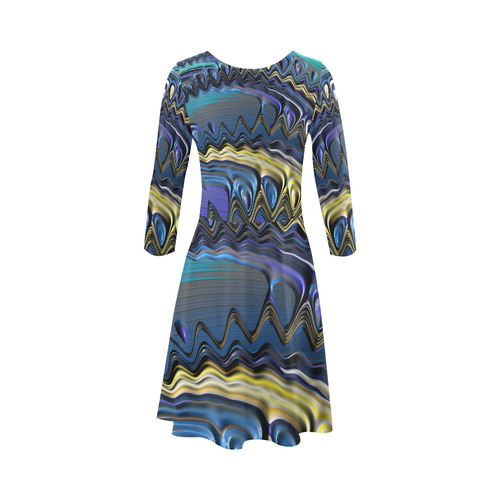 Blue Gold Ripples Fractal Art 3/4 Sleeve Sundress (D23)