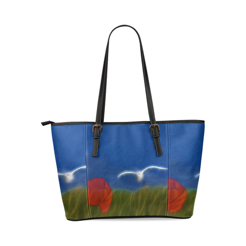 Wonderful Summer Dreaming with Poppy and Seagull Leather Tote Bag/Small (Model 1640)