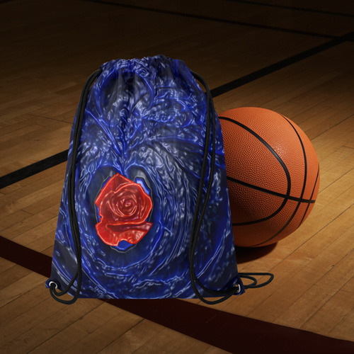 Blue fractal heart with red rose in plastic style Medium Drawstring Bag Model 1604 (Twin Sides) 13.8"(W) * 18.1"(H)