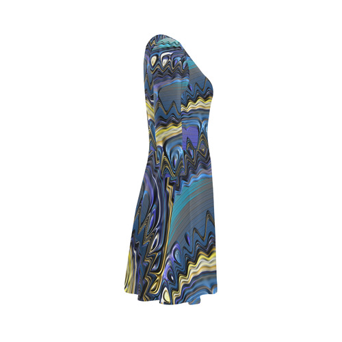 Blue Gold Ripples Fractal Art 3/4 Sleeve Sundress (D23)