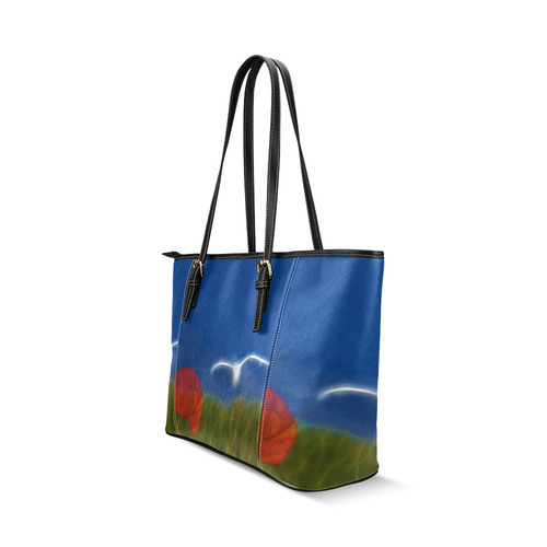 Wonderful Summer Dreaming with Poppy and Seagull Leather Tote Bag/Small (Model 1640)