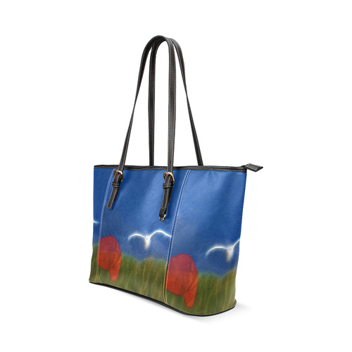 Wonderful Summer Dreaming with Poppy and Seagull Leather Tote Bag/Large (Model 1640)