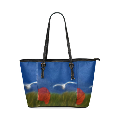 Wonderful Summer Dreaming with Poppy and Seagull Leather Tote Bag/Small (Model 1640)