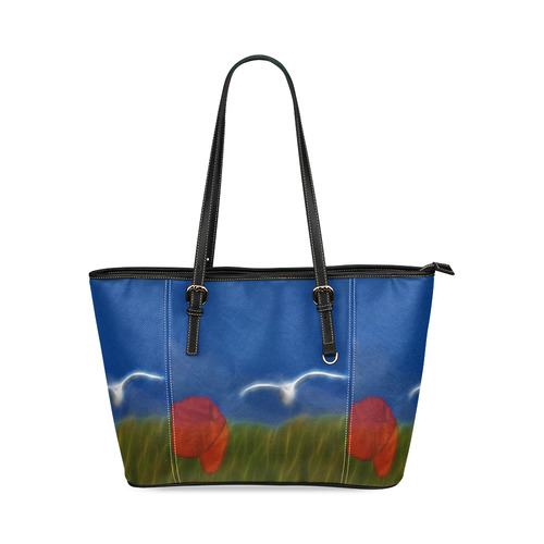 Wonderful Summer Dreaming with Poppy and Seagull Leather Tote Bag/Large (Model 1640)