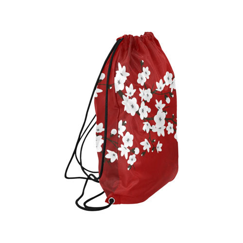 Cherry Blossoms Red Black And White Asia Floral Small Drawstring Bag Model 1604 (Twin Sides) 11"(W) * 17.7"(H)