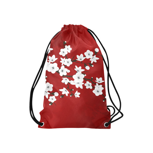 Cherry Blossoms Red Black And White Asia Floral Small Drawstring Bag Model 1604 (Twin Sides) 11"(W) * 17.7"(H)