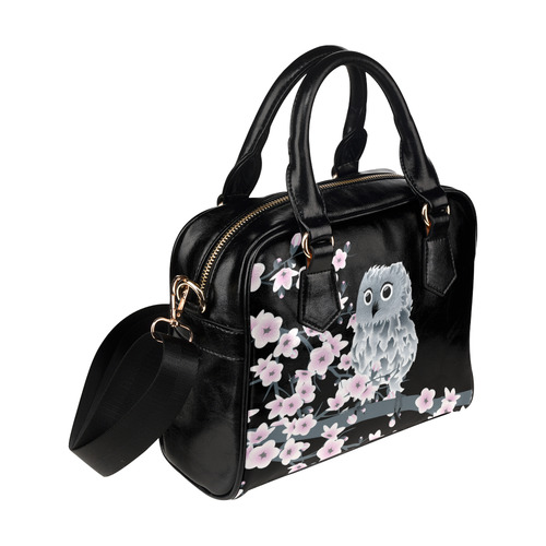 Cute Owl and Cherry Blossoms Pink Black Shoulder Handbag (Model 1634)