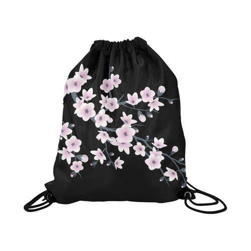 Cherry Blossoms Black Pink Asia Floral Large Drawstring Bag Model 1604 (Twin Sides)  16.5"(W) * 19.3"(H)