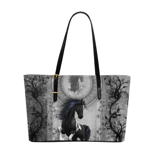 Awesome horse in black and white with flowers Euramerican Tote Bag/Large (Model 1656)