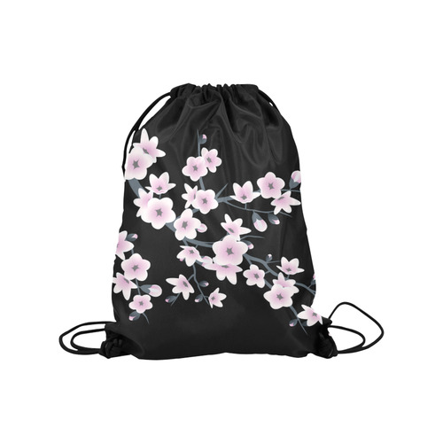 Cherry Blossoms Black Pink Asia Floral Medium Drawstring Bag Model 1604 (Twin Sides) 13.8"(W) * 18.1"(H)