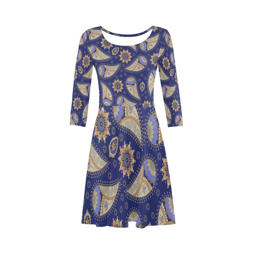 Beautiful Blue Gold Paisley Pattern 3/4 Sleeve Sundress (D23)