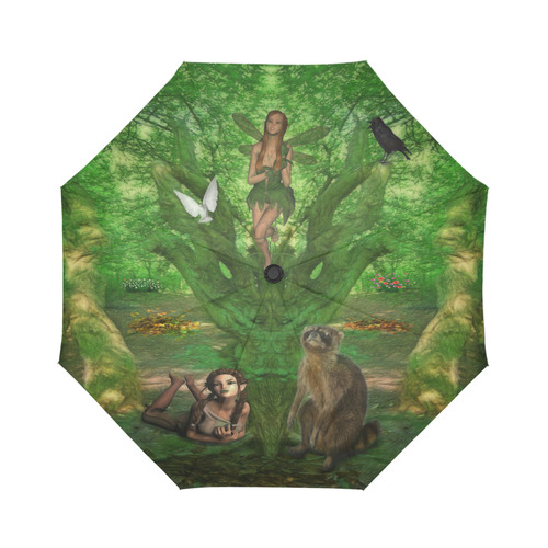 Cute Fairy meet her Friends in the Summer Wood Auto-Foldable Umbrella (Model U04)