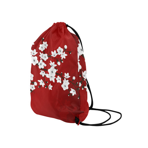 Cherry Blossoms Red Black And White Asia Floral Medium Drawstring Bag Model 1604 (Twin Sides) 13.8"(W) * 18.1"(H)